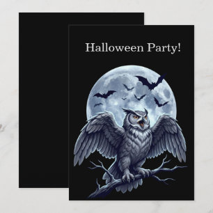 Halloween Party Moon Grey Owl and Bats Invitation