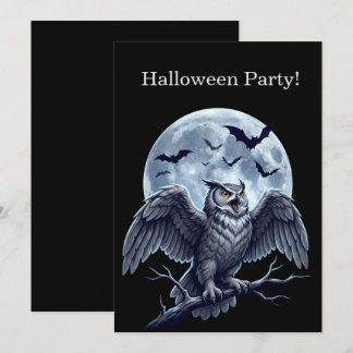Halloween Party Moon Grey Owl and Bats Invitation
