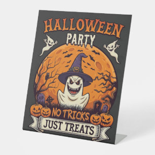Halloween Party No Tricks Just Treats Ghost Moon P Pedestal Sign