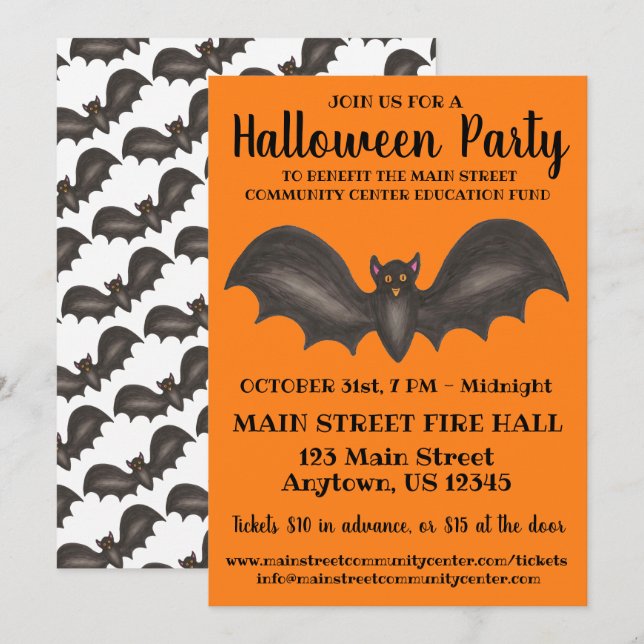 Halloween Party Orange Black Bat Trick-or-Treat Invitation (Front/Back)