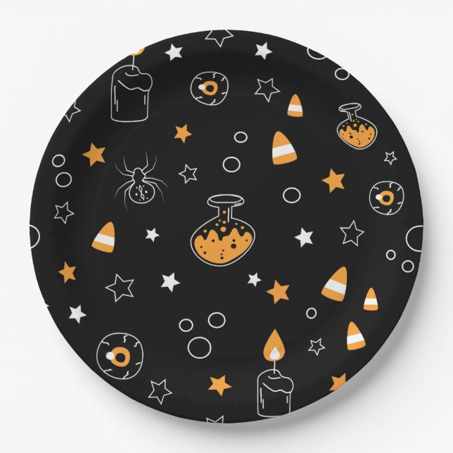 halloween party  orange black white paper plate (Front)