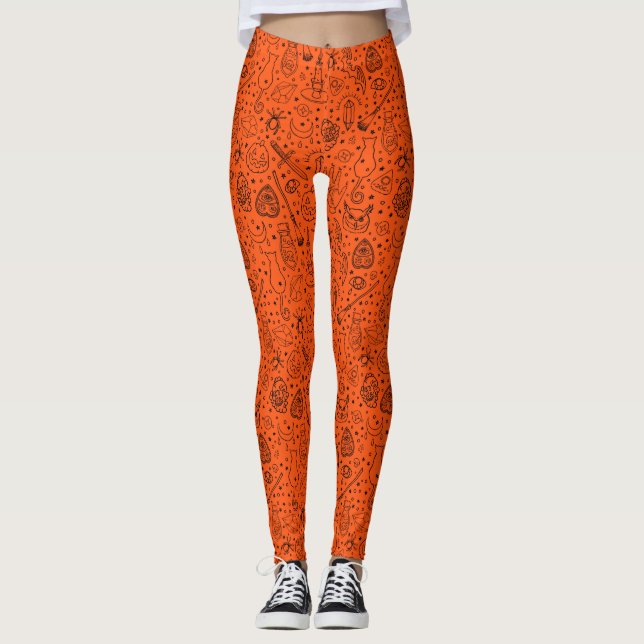 Halloween Party Orange Doodle Pattern Leggings (Front)