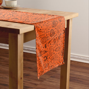 Halloween Party Orange Doodle Pattern Short Table Runner