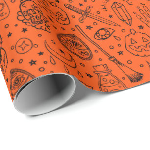 Halloween Party Orange Doodle Pattern Wrapping Paper