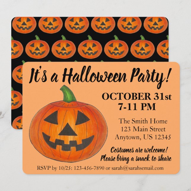 Halloween Party Orange Jack o' Lantern Pumpkin Invitation (Front/Back)