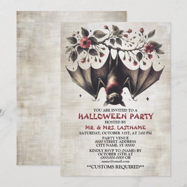 Halloween Party Pink Flowers Bat Green Leaves Invitation (Front/Back)