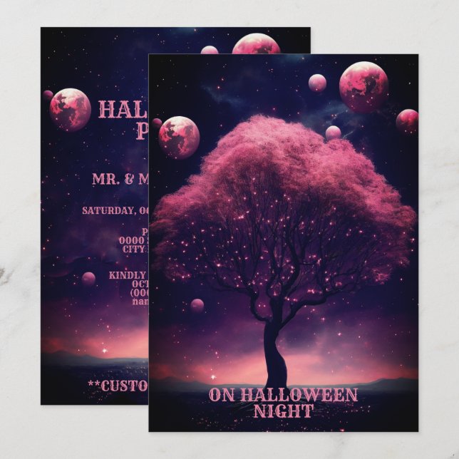 Halloween Party Pink Tree Red Moon Dark Night Invitation (Front/Back)