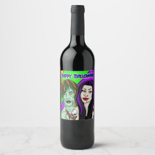 Halloween Party   Pop Art zombie Vampire  Wine Label