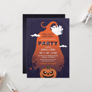 Halloween Party Pumpkin Ghost Graveyard Purple Invitation