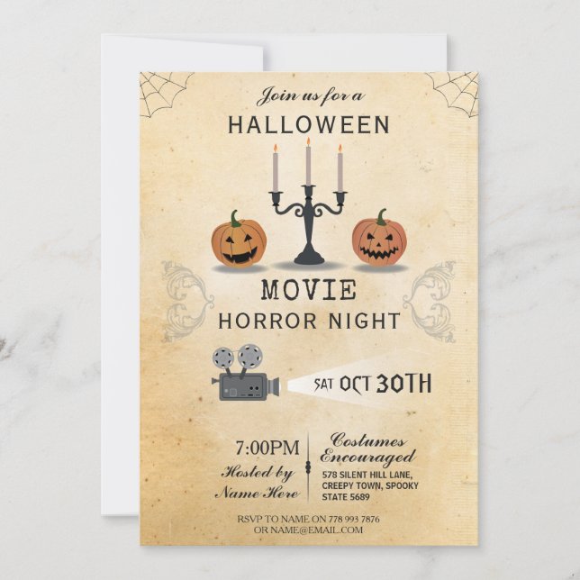 Halloween Party Pumpkin Horror Invite Movie Night (Front)