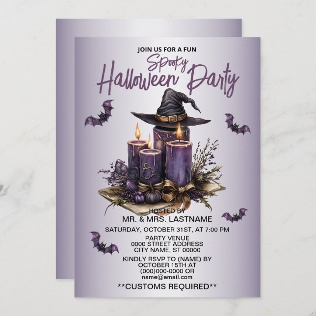 Halloween Party Purple Candles Bats Spooky Scary  Invitation (Front/Back)