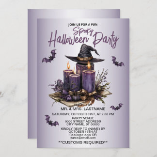 Halloween Party Purple Candles Bats Spooky Scary Invitation