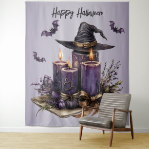 Halloween Party Purple Candles Bats Spooky Scary Tapestry