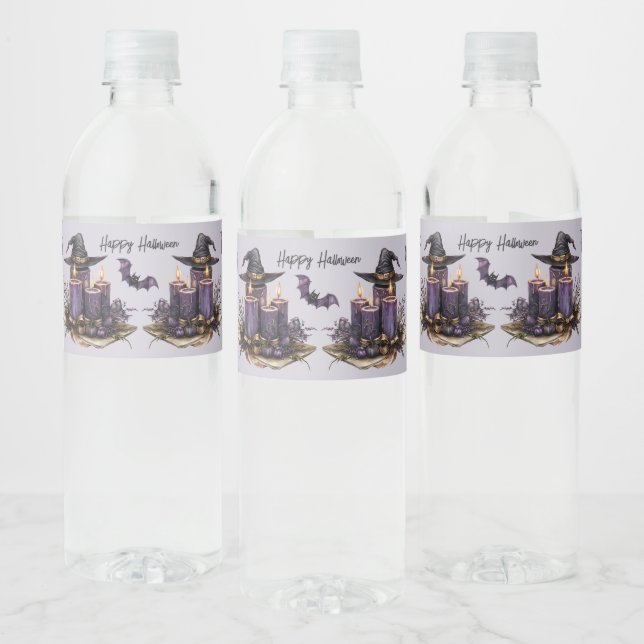 Halloween Party Purple Candles Bats Spooky Scary Water Bottle Label (Bottles)