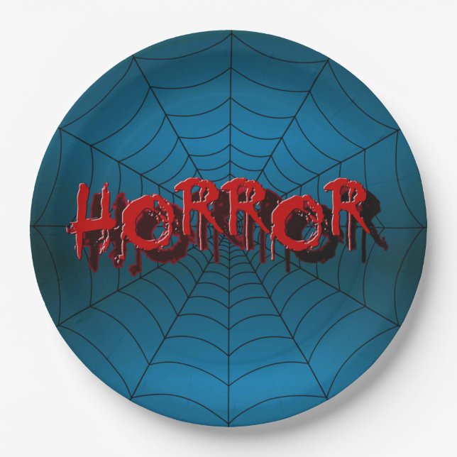 Halloween Party Red Horror Spider Web Blue Scary Paper Plate (Front)