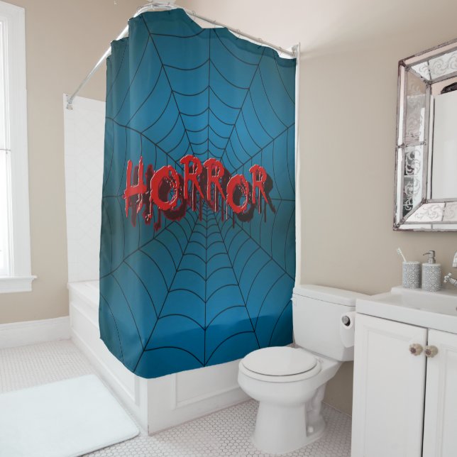 Halloween Party Red Horror Spider Web Blue Scary Shower Curtain (In Situ)