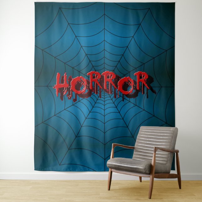 Halloween Party Red Horror Spider Web Blue Scary Tapestry (In Situ)