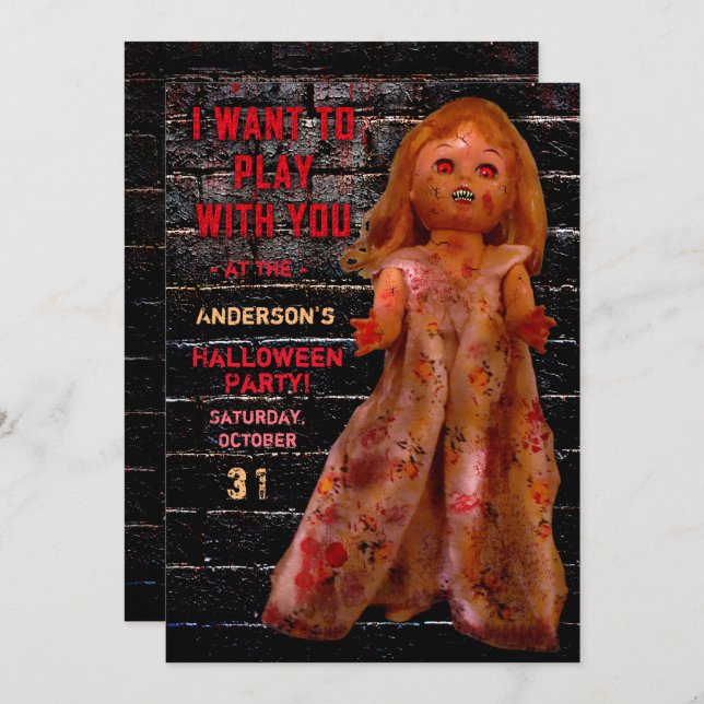 Halloween Party Scary Creepy Doll Wants to Play Invitation (Front/Back)
