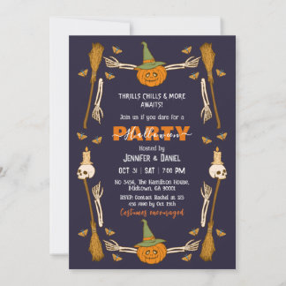 Halloween Party Skeleton Hand Witch Broom Gothic Invitation