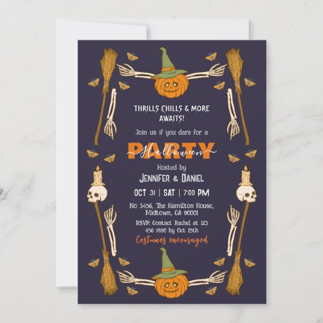 Halloween Party Skeleton Hand Witch Broom Gothic  Invitation (Front)