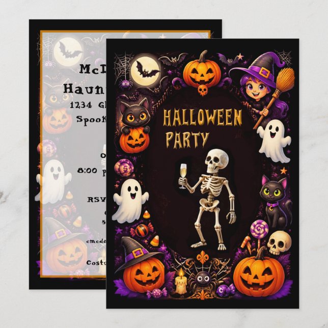 Halloween Party Skeleton with Champagne flute Invitation (Front/Back)