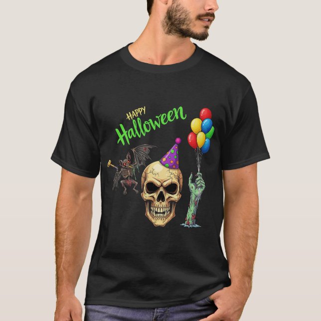 Halloween Party Skull, Bat & Zombie T-Shirt (Front)