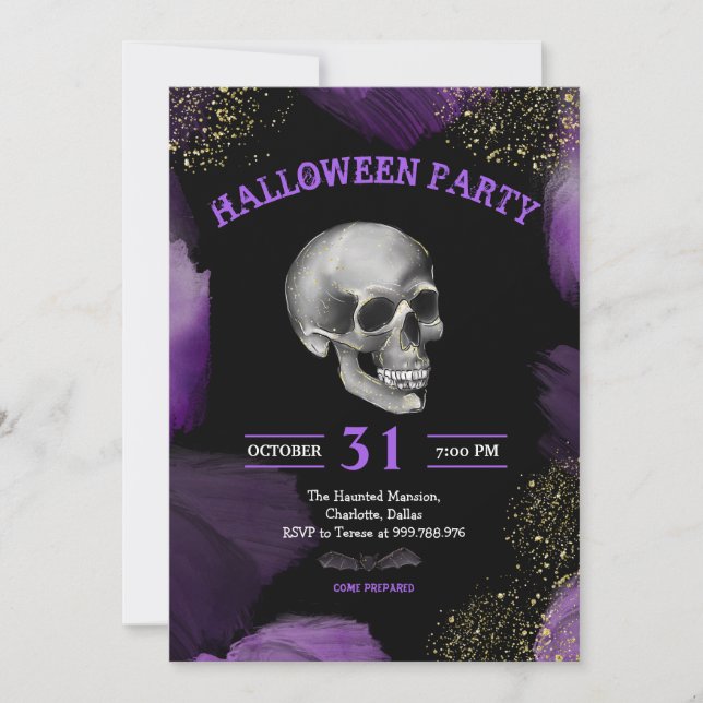 Halloween Party | Skull Purple Gold Glitter Spooky Invitation (Front)
