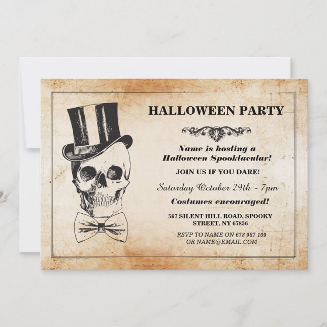 Halloween Party Skull Top Hat Bow Tie Spook Invite (Front)