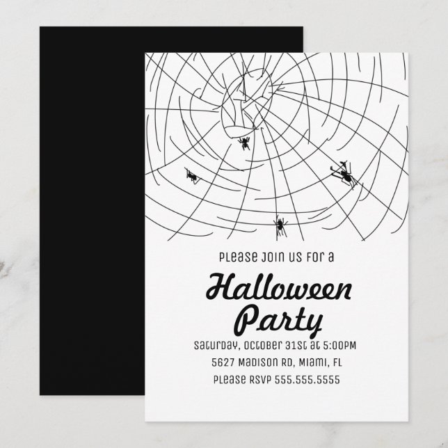 Halloween Party Spider Wed Doodle Illustration Invitation (Front/Back)