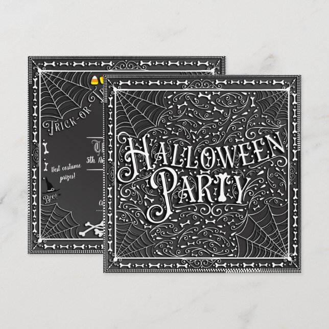 Halloween Party Spiderwebs & Bones Black White Invitation (Front/Back)