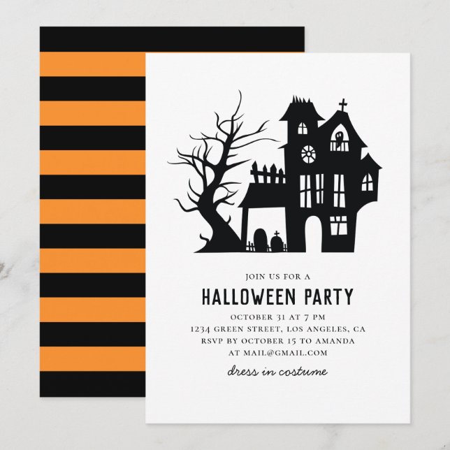 Halloween party. Spooky black white haunted house Invitation (Front/Back)