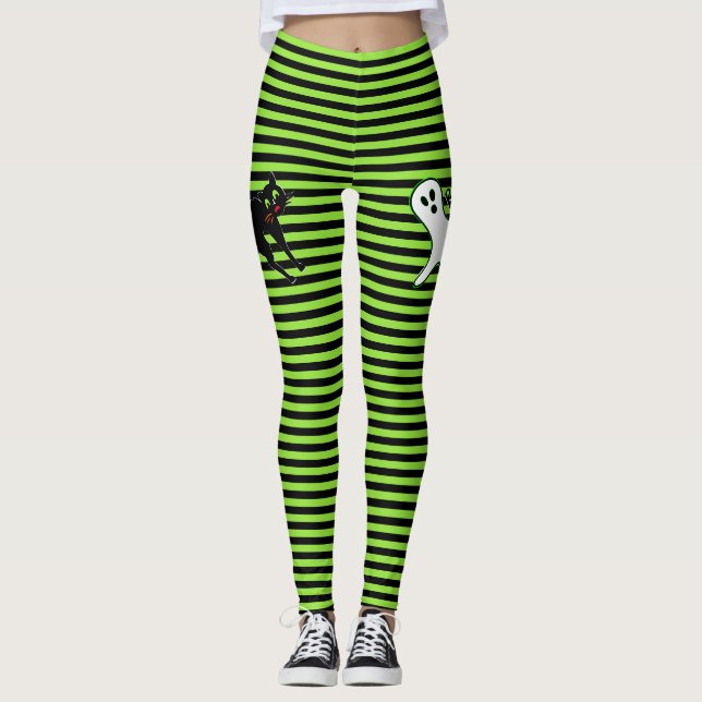 Halloween Party Spooky Cat Cute Ghost Black Green Leggings (Front)