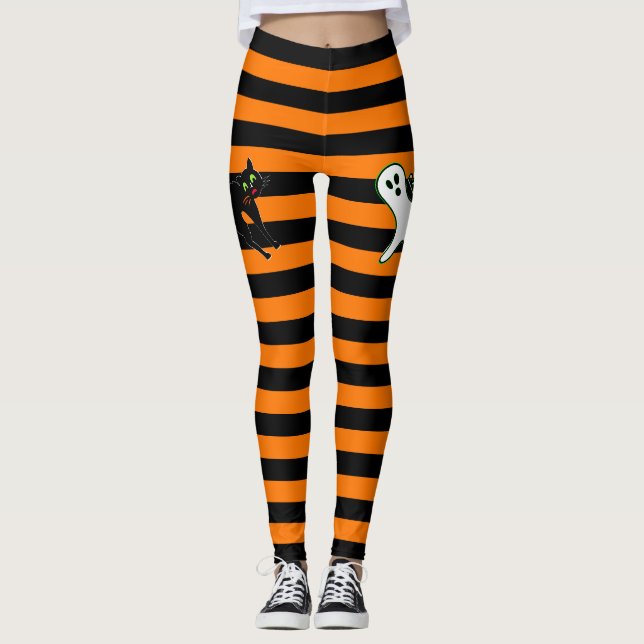 Halloween Party Spooky Cat Cute Ghost Black Orange Leggings (Front)