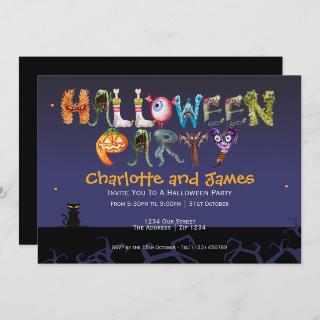 Halloween Party Spooky Typography Personalised Invitation (Front/Back)