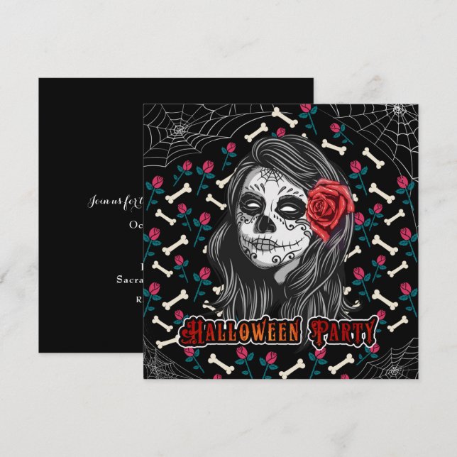 HALLOWEEN PARTY SUGAR SKULL GIRL & RED ROSES INVITATION (Front/Back)