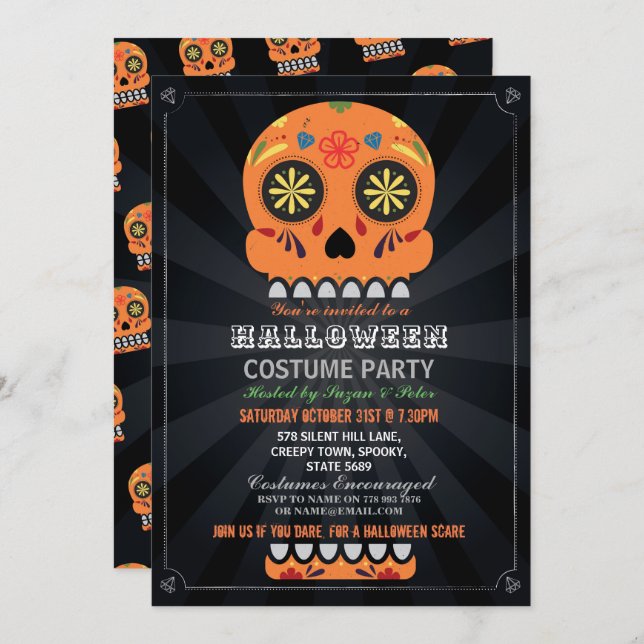 Halloween Party Sugar Skull October Orange Pumpkin Invitation (Front/Back)