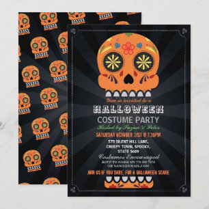 Halloween Party Sugar Skull October Orange Pumpkin Invitation