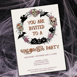 Halloween Party Sugar Skull Wreath  Invitation