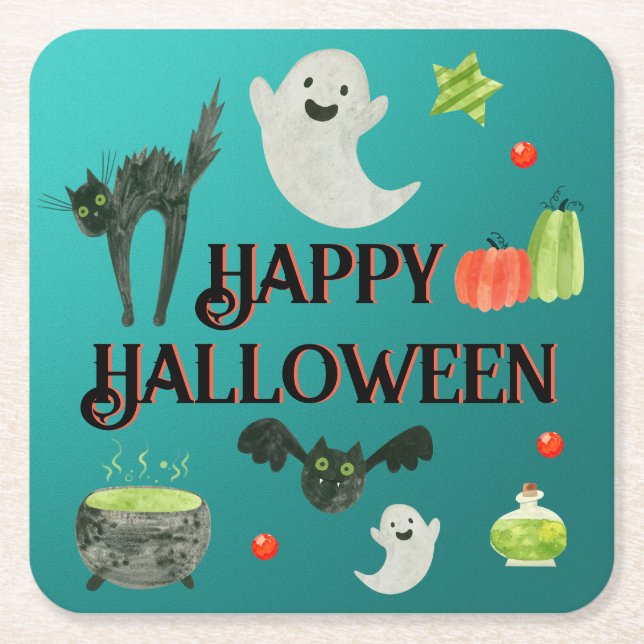 Halloween Party Teal and Green Square Paper Coaster (Front)