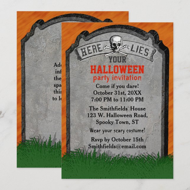 Halloween Party | Tombstone Grave Skull Crossbones Invitation (Front/Back)