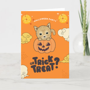 Halloween Party Trick Or Treat Cat Pumkin Holiday Card