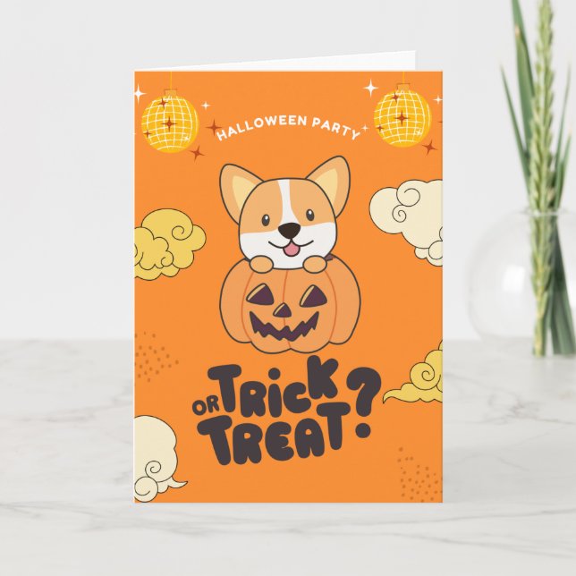 Halloween Party Trick Or Treat Corgi Pumkin Holida Holiday Card (Front)