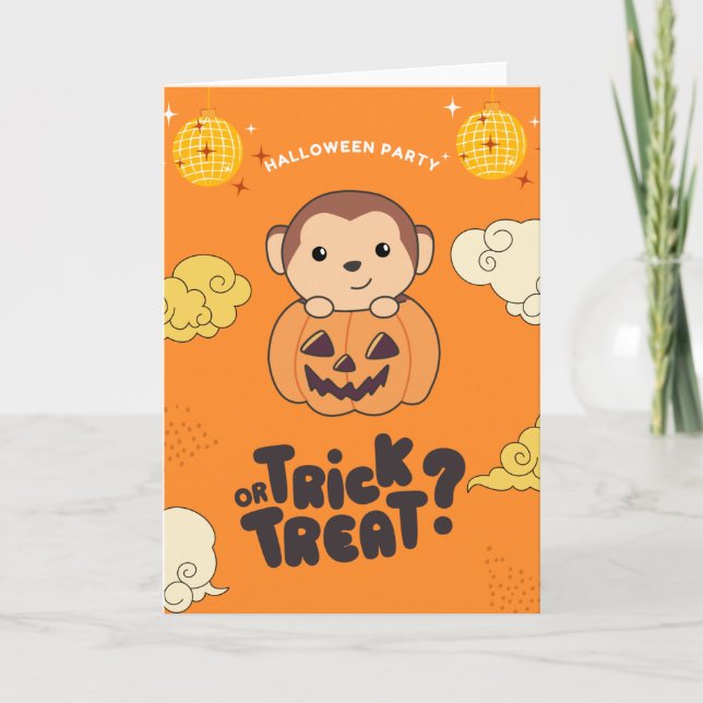 Halloween Party Trick Or Treat Monkey Pumkin Holid Holiday Card (Front)