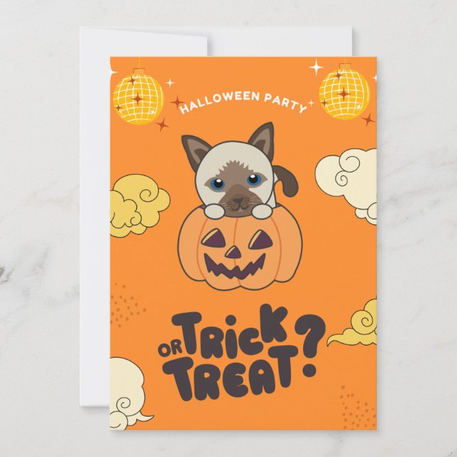 Halloween Party Trick Or Treat Siamese Cat Pumkin  Holiday Card (Front)