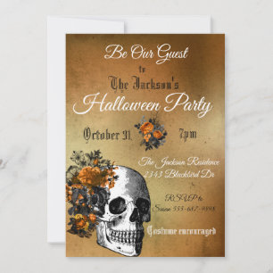 Halloween Party Vintage Flower Skull Orange Black Invitation