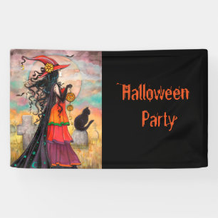 Halloween Party Witch and Cat Fantasy Art Banner