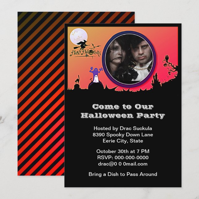 Halloween Party, Witch, Ghost, Cat, Add Picture Invitation (Front/Back)