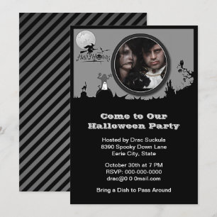 Halloween Party, Witch, Ghost, Cat, B&W Add Photo Invitation