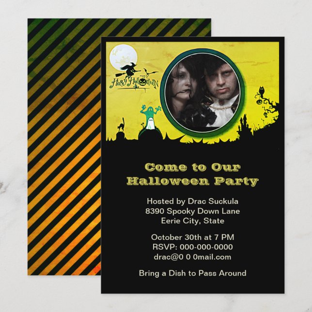 Halloween Party, Witch, Ghost, Cat, Owl, Add Photo Invitation (Front/Back)