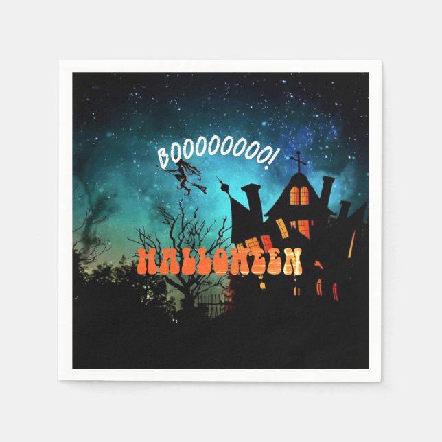 Halloween Party Witches Dark House Orange  Napkin (Front)
